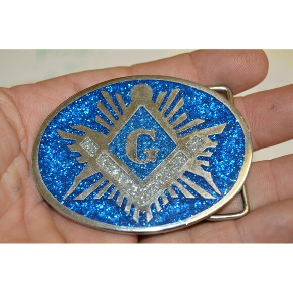 NICE Vintage Beautiful Inlaid Freemasons Compass Blue Solid Belt Buckle Rare - Picture 2 of 7